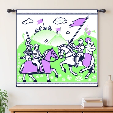An ornate tapestry is displayed on a wall, showcasing a historic battle scene. The tapestry features multiple soldiers in armor engaged in combat. In the foreground, a knight on a horseback brandishes a sword, while another soldier fights with a spear. Various flags wave in the background, adorned with detailed crests. There are hills in the distance where archers can be seen aiming their arrows. The scene is filled with intricate details, such as facial expressions of the soldiers, the patterns on their armor, and the textures of the foliage around them.