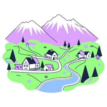 An aerial view captures a quaint village situated in a mountainous valley. The village consists of small, charming houses with sloped roofs, arranged along winding cobblestone streets. Surrounding the village, lush green fields and patches of purple flora create a vibrant landscape. Towering mountains encircle the valley, their peaks dusted with snow, providing a dramatic backdrop. A serene river meanders through the valley, reflecting the light of the sun. In the foreground, a few trees dot the landscape, adding to the picturesque scene.