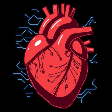 A red human heart is constructed from intricate circuitry and wires, showcasing various electronic components interconnected throughout. The heart has a glossy surface that reflects light subtly, emphasizing its technological aspect. Surrounding the heart, there are thin, glowing blue lines that create a dynamic, energy-like effect, further illustrating the theme of technology. The background is dark, allowing the heart and its components to stand out prominently.