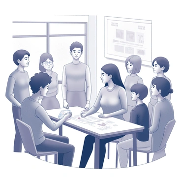 A monochrome drawing of a well-lit room where a person sits at a table, demonstrating breast self-exam techniques. The individual has a focused expression, holding a model that represents a breast for instructional purposes. On the table, there are visual aids, including diagrams showing the correct hand movements and areas to examine. The background features educational posters on the walls, outlining the steps of a breast self-exam. An attentive audience of diverse individuals is gathered around, observing the demonstration.