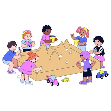 A large sandbox filled with light brown sand. Multiple children are actively building sandcastles, using small colorful buckets and shovels. One child is shaping a sandcastle with a tall turret, while another child is decorating the castle with seashells. Nearby, a couple of children are playing with toy trucks and dinosaurs, their faces displaying joy and concentration. Sunlight casts soft shadows in the sandbox, and a few small toys are scattered around, adding a playful touch to the scene.