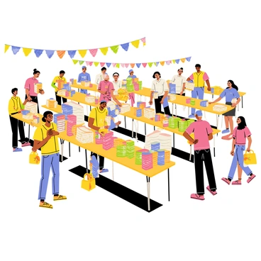 A bustling food drive featuring a large outdoor area filled with numerous tables. Each table is stacked high with various non-perishable goods, including colorful canned vegetables, boxes of pasta, and bags of rice. Volunteers are actively sorting and distributing the items, wearing bright vests. There are families in the background, happily carrying bags filled with food. Bright banners hang overhead, displaying messages of support and encouragement. The scene captures a sense of community and generosity.