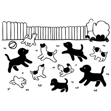 A group of playful puppies and kittens is frolicking in a backyard filled with green grass. The puppies are various breeds, with some showing fluffy fur and wagging tails, while the kittens exhibit different fur patterns and playfully chase each other. There is a colorful ball on the ground, and a few toys scattered around them. In the background, a wooden fence and some trees can be seen, delineating the space of the backyard. The scene is filled with a sense of movement as the animals interact with each other.