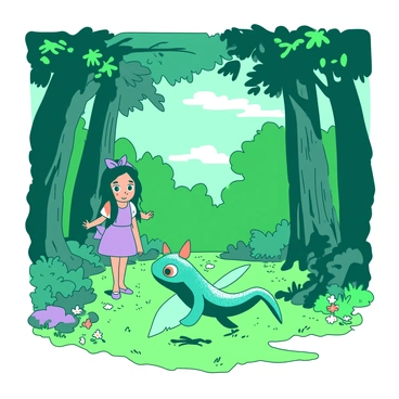 Priscilla stands in a vibrant green forest clearing surrounded by tall, ancient trees with lush foliage. Sunlight filters through the leaves, creating dappled patterns on the ground. In front of Priscilla, a magical creature with shimmering teal scales and delicate wings hovers gracefully. The creature has bright orange eyes that sparkle with curiosity as it observes Priscilla. Soft wildflowers in various colors bloom around the clearing, adding to the enchanting atmosphere of this mystical setting. Priscilla's expression is one of awe and wonder as she gazes at the creature, captivated by its beauty.