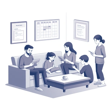 A family of four is gathered in a modern living room, each member interacting with different smart devices. The father is sitting on a sleek sofa, holding a tablet and looking at the screen. The mother is standing nearby with a smartphone in hand, typing a message. A teenage girl is sitting on the floor with a laptop open, focused on her work. A younger boy is on the other side of the room, using a voice-activated assistant device, speaking clearly to get information. On the walls, there are framed schedules and digital reminders displayed on screens, showcasing their organized daily activities. The room is filled with contemporary furniture and smart home features.