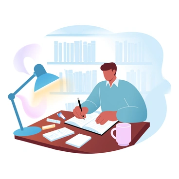 A student sitting at a wooden desk is writing in a notebook. The student has short hair and is wearing a comfortable sweater. A warm desk lamp is casting a soft glow over the scene, illuminating the pages of the notebook. Various stationery items, including pens and sticky notes, are scattered around the desk. The background features a bookshelf filled with books, creating a studious atmosphere. A mug is nearby, steaming gently, adding to the cozy setting.