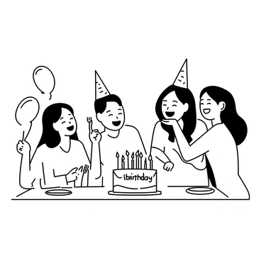 A group of friends is gathered around a table decorated with a large birthday cake. The cake is adorned with "Happy Birthday" written in icing and several candles on top. The friends are smiling and laughing, each displaying a joyful expression. One person is holding a fork, ready to serve a slice of cake, while another is leaning forward with excitement. The table is also set with party hats, a few colorful balloons, and plates ready for the cake.