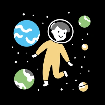 A young explorer wearing a bright orange spacesuit is floating in the darkness of space. The explorer has short brown hair and is smiling, with a transparent helmet reflecting light from nearby celestial bodies. Surrounding the explorer are several planets of various sizes and colors, including a large blue planet with swirling white clouds and a small green planet dotted with white and brown patches. Scattered among the planets are shining stars like twinkling white diamonds in the black background of space.