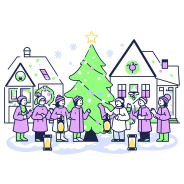 A choir of people is gathered in a snow-covered village square, their faces displaying expressions of joy as they sing Christmas carols. They are wearing winter coats, hats, and scarves in various styles. In front of the choir, there are several lanterns glowing warmly, illuminating the scene. Snowflakes gently fall from the sky, covering the ground in a thick layer of snow. Surrounding the square, there are charming houses adorned with wreaths and strings of lights. A large, decorated Christmas tree stands proudly in the center of the square, with bright ornaments and a shining star on top.