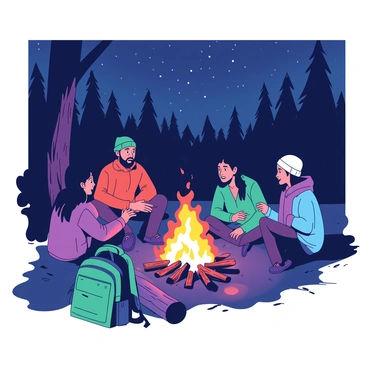 A group of five characters is gathered around a bright orange campfire in the center of a dark forest. The flames dance and flicker, illuminating their faces with warm light. There are three men and two women, each wearing different outdoor clothing suitable for camping. One man, with a green beanie, is animatedly sharing a story, while the others listen intently. Nearby, a teal backpack is propped against a tree, and a few logs serve as makeshift seating. The surrounding forest is dense with tall, shadowy trees, and a blanket of stars is faintly visible through the treetops above.