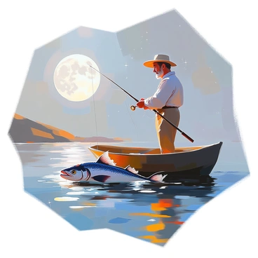 A traditional fisherman with a weathered face and a straw hat is standing in a small wooden boat under a starlit sky. He is dressed in a simple shirt and trousers, holding a fishing rod with his hands trembling in surprise. A coelacanth, a prehistoric fish with a unique body shape and textured scales, is caught at the end of his line, splashing in the dark water. The moonlight glimmers on the surface of the sea, casting shimmering reflections around the boat. A distant coastline is visible, and the air is filled with a sense of wonder at this rare catch.