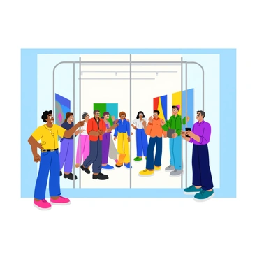 An art gallery with large glass doors, showcasing vibrant and colorful artworks displayed on the walls inside. Inside the gallery, a group of excited visitors is chatting and pointing at the art pieces. They are dressed in smart casual attire, exuding an atmosphere of enthusiasm. In the foreground, a person stands outside the door, looking in with a slightly somber expression, wearing a simple outfit. The contrast between the lively atmosphere inside and the solitary figure outside creates a visual narrative of inclusion and exclusion. The scene is set during the daytime, with natural light illuminating the gallery space.