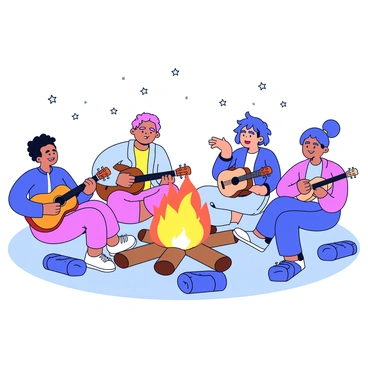 A group of five people is sitting on the ground around a large bonfire. The fire has bright orange flames and glowing embers, illuminating their faces. Two people are playing acoustic guitars, while another is holding a ukulele. The fourth person is animatedly telling a story with hand gestures, and the fifth person is just arriving, looking excited as they approach the group. Surrounding the bonfire are logs and blankets scattered on the grass. The night sky above is clear, dotted with stars.