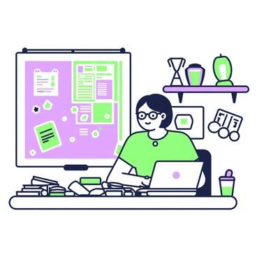 A television critic is seated at a messy desk in a cluttered office. The desk is covered with stacks of papers, old magazines, and empty coffee cups. The critic has short hair and wears glasses, dressed in a casual shirt. She is typing on a laptop with an intense expression on her face. A large poster of a famous TV show is pinned to the wall behind her, partially covered by a corkboard filled with notes and clippings. A window with blinds is slightly open, allowing a glimpse of the outside. On a shelf nearby, several awards and trophies are displayed, emphasizing her expertise in the field.
