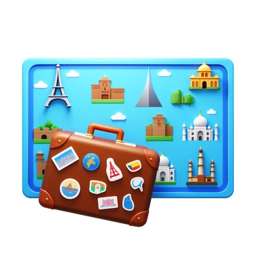 A travel-themed mat featuring various iconic landmarks from around the world, including the Eiffel Tower, the Great Wall of China, and the Taj Mahal. The mat is designed with a colorful layout that highlights each landmark in detail. In the foreground, there is a vintage-style suitcase, well-worn and decorated with travel stickers from different countries. The scene captures the essence of global travel with vibrant colors and intricate designs of the landmarks.