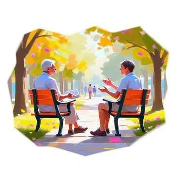An older adult with gray hair and wearing glasses sits on a park bench, engaged in a thoughtful conversation with a young person who has short brown hair and is dressed casually. The older adult is gesturing with one hand while holding a book in the other, emphasizing a point. The park is filled with vibrant green trees and scattered colorful flowers, creating a serene atmosphere. Nearby, a path winds through the park, where other individuals can be seen walking and enjoying the scenery. The expressions on both faces reflect a sense of understanding and connection as they discuss the importance of guidance and mentorship for the future.
