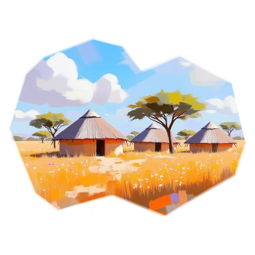 A landscape featuring traditional huts with thatched roofs, set against the backdrop of an expansive African savannah. The huts are circular and made of mud, with wooden poles supporting the roofs. Tall grasses surround the huts, gently swaying in the breeze. In the distance, acacia trees punctuate the horizon under a bright blue sky, with a few fluffy white clouds drifting by. The golden grass of the savannah stretches out, dotted with occasional wildflowers, creating a vivid contrast with the earthy tones of the huts.
