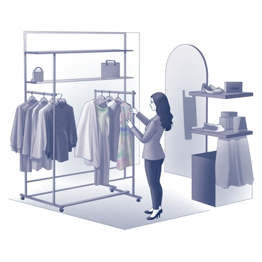 A designer is standing in a small boutique space, meticulously arranging new clothing designs on sleek racks. The boutique features an elegant layout with soft lighting that highlights the fabrics. The designer, wearing a tailored outfit, carefully adjusts the placement of a vibrant dress. There are shelves displaying accessories and shoes, all arranged in an organized manner. In the background, a large mirror reflects the overall ambiance of the boutique, creating a sense of style and sophistication.