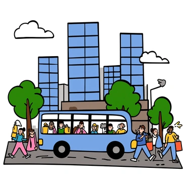 A city bus traveling along a crowded street with skyscrapers in the background