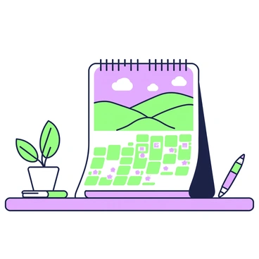 A desk calendar is displayed prominently on a wooden desk. The calendar shows the month with a scenic photo that spans the top half, depicting a tranquil landscape with rolling hills and a clear sky. Each day of the month is neatly laid out in a grid format below the photo. Important dates are marked with small symbols such as stars and circles in the green space of the calendar. A pen is placed beside the calendar, and a small plant sits in the corner of the desk, complementing the scene.