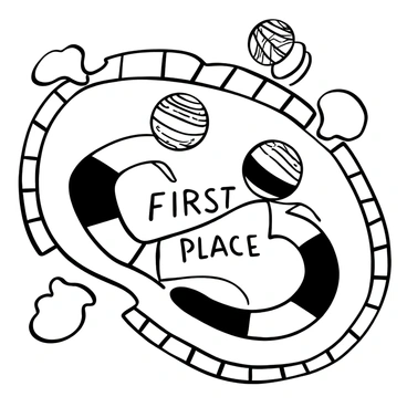 Multiple marbles of various sizes racing down a twisty track, surrounded by a dynamic arrangement of curves and loops. Each marble has distinct patterns and textures, creating an impression of speed as they follow the track. The track is detailed with raised edges and supports, enhancing the sense of competition. Words "First Place" are positioned prominently at the finish line, emphasizing the race's objective.