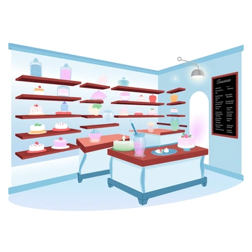 A cake shop with vintage decor is filled with wooden shelves displaying a variety of cakes. Each cake is elegantly presented on classic cake stands. The walls are adorned with intricate patterns, and the lighting is soft and warm, illuminating the delightful confections. There are decorative elements such as ornate jars filled with colorful sprinkles and baking tools neatly arranged on the counters. A large chalkboard menu hangs on one wall, showcasing various cake flavors and treats.