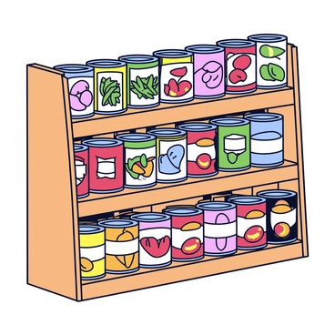 A wooden grocery store shelf with a rustic design. The shelf is filled with various canned goods, each can featuring colorful labels. There are green bean cans, tomato sauce cans, and fruit preserves, all neatly arranged in rows. The shelf has a slight weathered appearance, suggesting years of use. The background is simple, allowing the focus to remain on the shelf and the assortment of canned items.