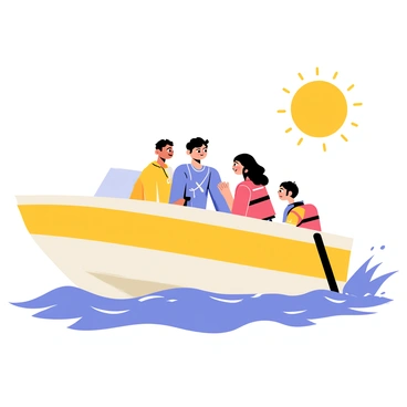 A family is enjoying a sunny day on a motorboat. The boat is a bright yellow color with a white interior. The parents are seated at the front, smiling as they steer the boat. Two kids are in the back, wearing colorful life jackets, one red and one blue. The sun is shining brightly in the clear blue sky, and the water is sparkling around the boat. There are waves splashing playfully against the sides of the motorboat.