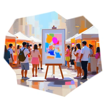 A large colorful poster is prominently displayed at a bustling street art fair. The poster features vibrant, eye-catching graphics that include various artistic elements such as abstract shapes and bold colors. Surrounding the poster, there are several people admiring the artwork, some taking photographs while others engage in conversation. The ambiance of the fair includes street vendors with colorful tents and various art pieces, creating a lively atmosphere filled with creativity and expression.