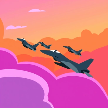 A group of four F35 jets flying in perfect formation in the sky. The jets are sleek and modern, showcasing their angular design. They are positioned in a tight V shape, cutting through the vibrant orange and pink hues of a stunning sunrise. The clouds are softly illuminated by the warm colors of the dawn, providing a beautiful backdrop to the powerful aircraft. The sunlight glints off the metallic surfaces of the jets, highlighting their features as they soar through the air.