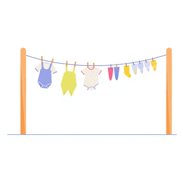 A clothesline stretched between two wooden posts, with a clear blue sky in the background. Tiny baby clothes, including a pastel-colored onesie and a small, patterned dress, hang from the line, gently swaying in the breeze. Several miniature socks, in various colors, are also clipped to the line. The sunlight casts soft shadows on the ground, creating a warm and cheerful atmosphere.