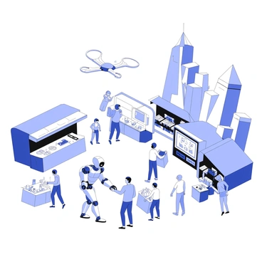A busy futuristic market square is bustling with activity. Several robots are interacting with humans, each designed with a sleek, metallic finish. One robot is handing a shopping bag to a smiling person, while another is displaying items on a holographic screen. Stalls line the square, featuring various goods such as fruits, gadgets, and textiles. People are walking around, browsing merchandise, while a drone hovers above, capturing the scene. In the background, tall buildings with unique geometric designs tower over the square, adding to the vibrant atmosphere.