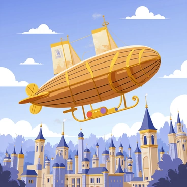 A steampunk airship with intricate brass gears and large rotating propellers is soaring high above a bustling fantasy cityscape. The airship features a wooden hull adorned with ornate detailing and large, colorful sails. Below, the cityscape is filled with towering buildings made of stone and metal, featuring spires and domes. Billowing steam vents and glowing lights illuminate the streets, while small clouds drift past the airship, enhancing the sense of height. The sky is a vibrant blue, dotted with fluffy white clouds.