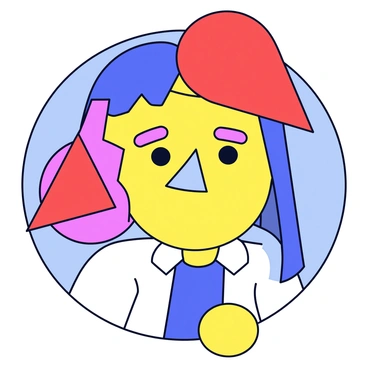 A portrait of a person created using geometric shapes, featuring a variety of triangles, circles, and rectangles in a color palette of bold reds, blues, and yellows. The face is formed from overlapping shapes, with the eyes represented by two large circles and a triangular nose. The background consists of simple, flat colors that complement the face, enhancing the overall composition.