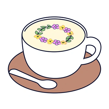A cup of latte with creamy froth on top. The froth features a circular floral wreath design that includes small, colorful flowers and green leaves. The cup is white with a smooth surface, and it sits on a wooden table. There is a small spoon placed beside the cup.