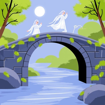 An ancient arched stone bridge spans a flowing river, with moss-covered stones and intricate carvings along the edges. The river below is clear and glistening, reflecting the light of a full moon. Ethereal spirits, glowing softly in shades of blue and white, float gracefully above the bridge, their forms semi-transparent and wispy. The surrounding landscape features lush trees on either side of the river, their leaves rustling gently in the breeze. Gentle ripples form in the water as the spirits elegantly move, creating a serene yet mystical atmosphere.
