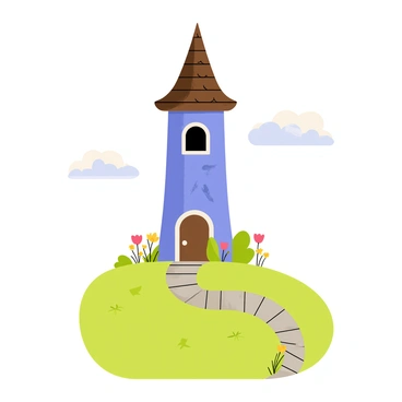 A tall, slender house resembling a fairytale tower stands gracefully in a lush green meadow. The tower features a pointed roof composed of dark brown tiles and bright blue walls adorned with small, round windows. Colorful flowers bloom around the base, including red poppies and yellow daisies. A winding path made of gray stones leads up to the entrance, framed by bushes and small trees. In the background, fluffy white clouds drift across a clear blue sky, enhancing the whimsical atmosphere of the scene.