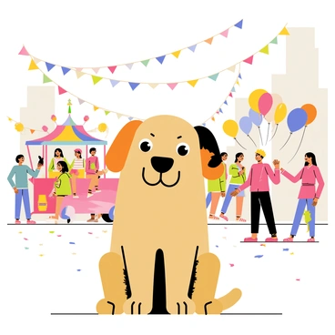 A brown dog with floppy ears is covering its ears with its front paws. The dog is sitting on the sidewalk, looking slightly overwhelmed. Around the dog, a colorful parade is taking place with a variety of floats and performers. Brightly colored balloons float above the scene, and streamers are blowing in the wind. People in festive costumes are dancing, and there are large banners with vibrant patterns. The atmosphere is lively, with confetti scattered on the ground, creating a vivid and energetic environment.