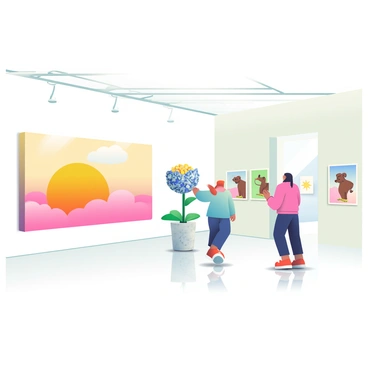 A spacious art exhibition hall is filled with various artworks celebrating the theme of "new beginnings." On the left wall, a large canvas features a sunrise with vibrant orange and yellow hues blending into soft pink clouds. In the center, a sculpture of a blooming flower made from recycled materials stands on a marble pedestal, symbolizing growth and renewal. To the right, a series of small framed paintings depict young animals taking their first steps, showcasing innocence and vitality. The floor is polished, reflecting the artworks as visitors walk around, engaging with each piece. Soft lighting highlights the colors and textures of the artworks, creating an inviting atmosphere.