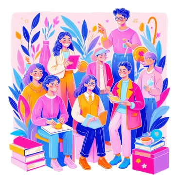 A 3D sculpture is displayed, featuring a collection of diverse target audience personas. Each persona is depicted in a unique pose, showcasing various characteristics. One figure has a bright smile, wearing a casual outfit and holding a smartphone. Another persona is dressed in business attire, with glasses perched on their nose and a laptop in hand. A third figure represents an artistic individual, adorned with colorful clothing and holding a paintbrush. Surrounding these personas are elements that illustrate their interests, such as books, musical instruments, and sports gear, creating a vibrant and engaging composition.