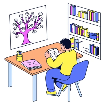 An illustrator is sitting at a wooden desk, focused on creating a new family tree illustration. The desk has scattered colored pencils and erasers around it. The illustrator is using a large white sheet of paper as a canvas. The family tree design includes vibrant branches and circular labels for family member names. In the corner of the desk, there is an old, faded version of the family tree, showing signs of wear and discoloration. The room has shelves filled with art supplies and books.