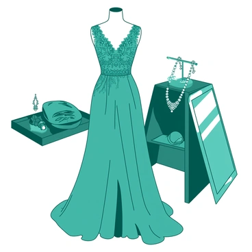 A teal luxurious evening gown is elegantly displayed on a mannequin in a boutique. The gown features intricate detailing with delicate lace and flowing fabric. Surrounding the gown, there are various sparkling jewelry pieces, including a pair of shimmering earrings and a statement necklace resting on a velvet-lined display. Soft lighting illuminates the scene, highlighting the elegance of both the gown and the jewelry, creating an inviting atmosphere in the boutique.