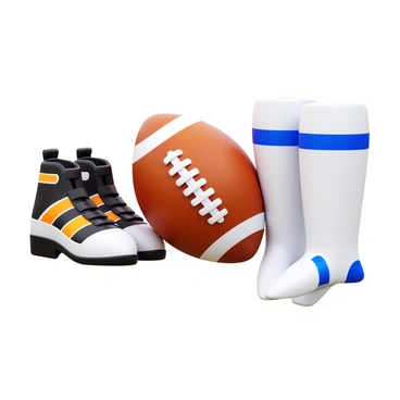 A collection of football gear displayed together. There are a pair of black and white cleats with orange accents placed centrally. A classic brown football with white laces is positioned nearby. Next to them, a set of white shin guards with blue stripes is arranged neatly. Each item is clearly visible and showcases its details.