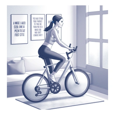 A person is riding a stationary bicycle indoors. They are wearing athletic clothing and have a focused expression on their face. The room is filled with several motivational posters on the walls, featuring quotes about fitness and perseverance. The surroundings include soft furnishings, such as a plush rug and cushions, contributing to a cozy atmosphere. Sunlight streams in through a nearby window, creating a warm ambiance in the space.