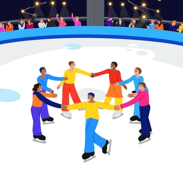 A group of skaters holding hands and forming a star shape at the end of a performance.