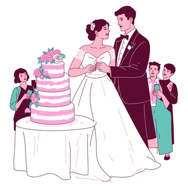 A bride and groom are standing together in front of a multi-tiered wedding cake. The bride, wearing a flowing white gown with lace details, is holding a silver cake knife in her right hand. The groom, dressed in a classic black tuxedo with a white shirt and bow tie, is beside her, gently placing his hand over hers on the knife. The wedding cake is elegantly decorated with white frosting and adorned with delicate flowers in shades of pink and teal. A small crowd of guests is gathered around, capturing this moment with their smartphones.