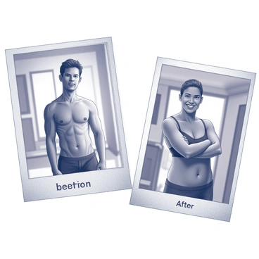 A collage displaying two distinct images side by side. On the left, there is a "before" photo of an individual standing with a neutral expression, showcasing their physique before the fitness journey. The setting is a simple indoor environment with neutral lighting. On the right, there is an "after" photo of the same individual, now displaying a confident smile and a toned physique, illustrating the transformation. The background is minimal, drawing focus to the significant change in the individual's appearance. The images are framed with a subtle border to enhance their presentation.