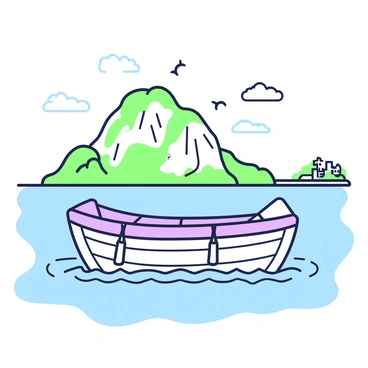 A small boat is gently rocking in the clear waters surrounding the island of Capri. The boat is made of wood with a weathered finish, featuring two oars resting along the sides. In the background, the island of Capri rises, characterized by its rocky cliffs and lush greenery. The clear water reflects the sunlight, creating ripples around the boat. There are a few birds flying above, and a distant shoreline with small buildings and greenery can be seen on the horizon. The sky is clear with a few scattered clouds.