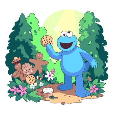 A blue Cookie Monster with big googly eyes is standing in a lush fairy tale forest. Surrounding him are various magical cookie creatures, each designed to resemble different types of cookies, including chocolate chip, oatmeal, and gingerbread. The Cookie Monster has a delighted expression on his face while reaching out to touch a tiny gingerbread man that is smiling back at him. Sunlight filters through the dense green foliage, creating a warm atmosphere in the enchanting setting. Brightly colored flowers bloom around the cookie creatures, enhancing the whimsical charm of the scene.