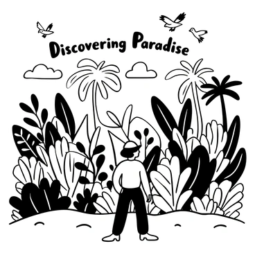 A figure resembling a traveler stands on a sandy shore, gazing at a lush tropical island in the distance. The island is filled with dense foliage, showcasing an array of large leaves and tall palm trees. Numerous exotic plants with unique shapes and patterns fill the foreground. Birds with distinct silhouettes soar above the treetops, while other smaller creatures can be seen among the underbrush. In the background, a clear sky stretches overhead, hinting at the beauty of the day. The words "Discovering Paradise" are prominently displayed above the scene.